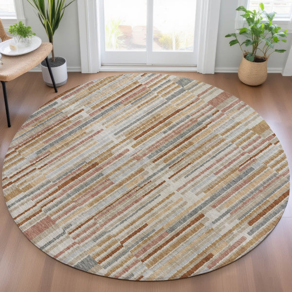 HomeRoots 5' Durable Rust and Ivory Striped Washable Area Rug for Indoor and Outdoor Spaces, Easy Care 8' Round 631553