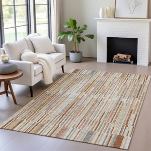 HomeRoots 5' Durable Rust and Ivory Striped Washable Area Rug for Indoor and Outdoor Spaces, Easy Care 9' X 12' 631555