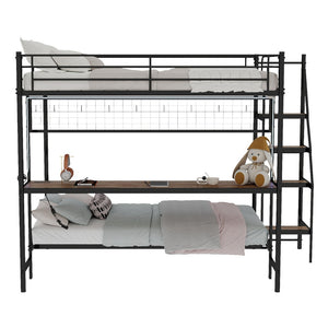 English Elm Full Over Twin Metal Bunk Bed with Desk Led Strip Shelves for Teen Dorm Rooms Antique Black W1935S00009