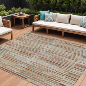 HomeRoots 5' Durable Rust and Ivory Striped Washable Area Rug for Indoor and Outdoor Spaces, Easy Care 10' X 14' 631556