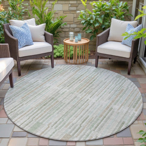 HomeRoots 5' Stylish Sage and Ivory Striped Area Rug – Durable, Washable, Perfect for Indoor and Outdoor Use 8' Round 631559