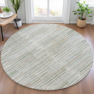 HomeRoots 5' Stylish Sage and Ivory Striped Area Rug – Durable, Washable, Perfect for Indoor and Outdoor Use 8' Round 631559