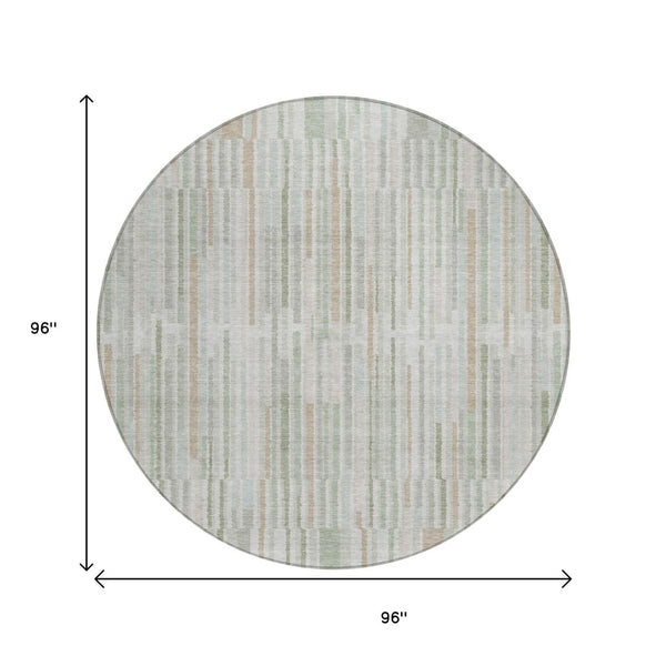 HomeRoots 5' Stylish Sage and Ivory Striped Area Rug – Durable, Washable, Perfect for Indoor and Outdoor Use 8' Round 631559