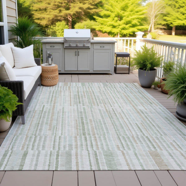 HomeRoots 5' Stylish Sage and Ivory Striped Area Rug – Durable, Washable, Perfect for Indoor and Outdoor Use 8' X 10' 631560