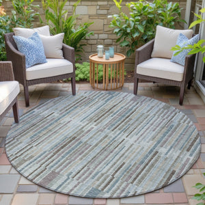 HomeRoots 5' Striped Teal Blue and Brown Area Rug - Durable, Washable, Perfect for Indoor or Outdoor Spaces 8' Round 631565