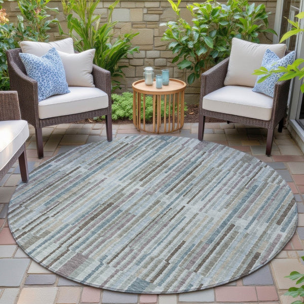 HomeRoots 5' Striped Teal Blue and Brown Area Rug - Durable, Washable, Perfect for Indoor or Outdoor Spaces 8' Round 631565