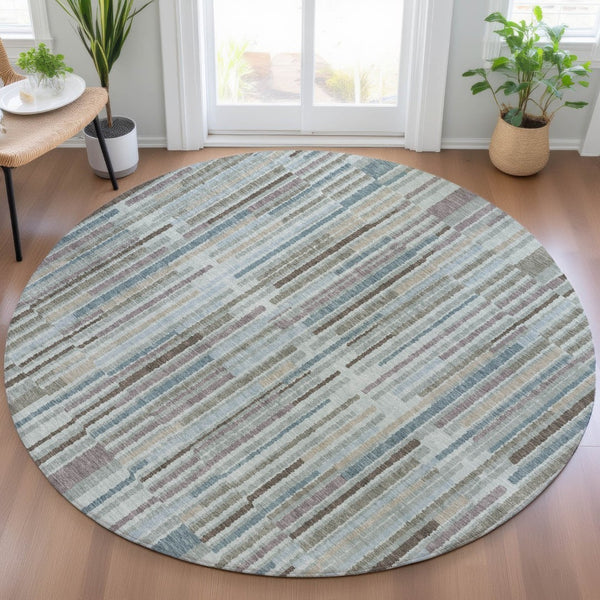 HomeRoots 5' Striped Teal Blue and Brown Area Rug - Durable, Washable, Perfect for Indoor or Outdoor Spaces 8' Round 631565