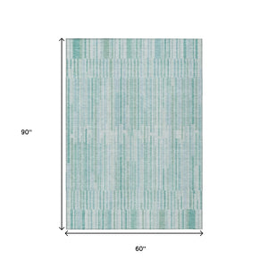 HomeRoots 5' Turquoise and Aqua Striped Area Rug - Durable, Washable, Stylish for Indoor and Outdoor Spaces 5' X 8' 631570