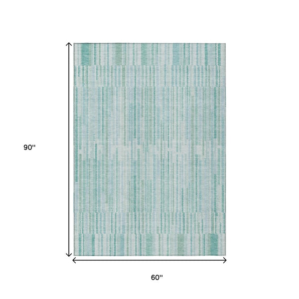 HomeRoots 5' Turquoise and Aqua Striped Area Rug - Durable, Washable, Stylish for Indoor and Outdoor Spaces 5' X 8' 631570