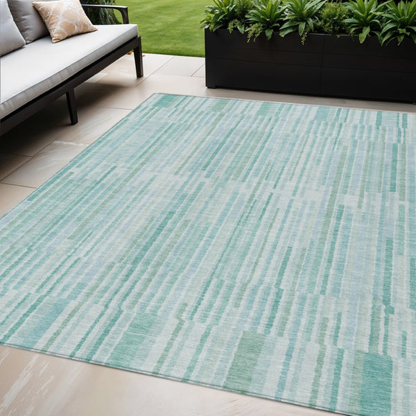 HomeRoots 5' Turquoise and Aqua Striped Area Rug - Durable, Washable, Stylish for Indoor and Outdoor Spaces 5' X 8' 631570