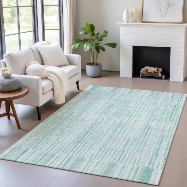 HomeRoots 5' Turquoise and Aqua Striped Area Rug - Durable, Washable, Stylish for Indoor and Outdoor Spaces 5' X 8' 631570