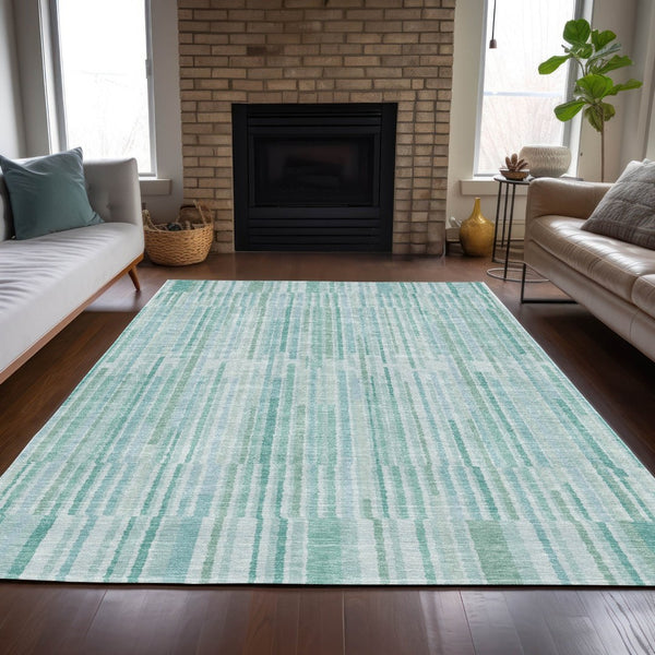 HomeRoots 5' Turquoise and Aqua Striped Area Rug - Durable, Washable, Stylish for Indoor and Outdoor Spaces 5' X 8' 631570