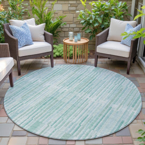 HomeRoots 5' Turquoise and Aqua Striped Area Rug - Durable, Washable, Stylish for Indoor and Outdoor Spaces 8' Round 631571