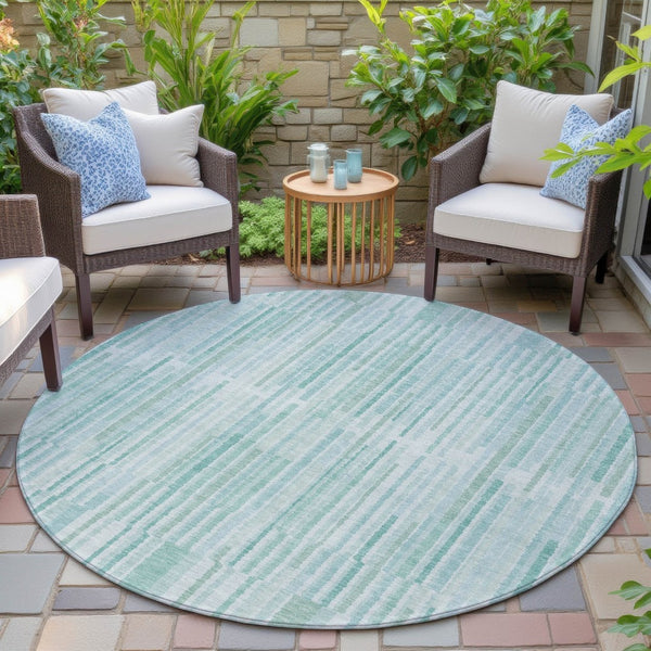 HomeRoots 5' Turquoise and Aqua Striped Area Rug - Durable, Washable, Stylish for Indoor and Outdoor Spaces 8' Round 631571