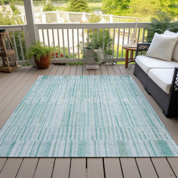 HomeRoots 5' Turquoise and Aqua Striped Area Rug - Durable, Washable, Stylish for Indoor and Outdoor Spaces 9' X 12' 631573