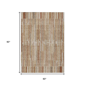 HomeRoots 5' Versatile Terra Cotta and Beige Striped Washable Area Rug for Indoor and Outdoor Spaces 5' X 8' 631576