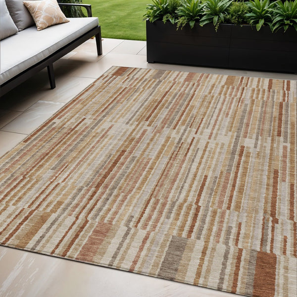 HomeRoots 5' Versatile Terra Cotta and Beige Striped Washable Area Rug for Indoor and Outdoor Spaces 5' X 8' 631576