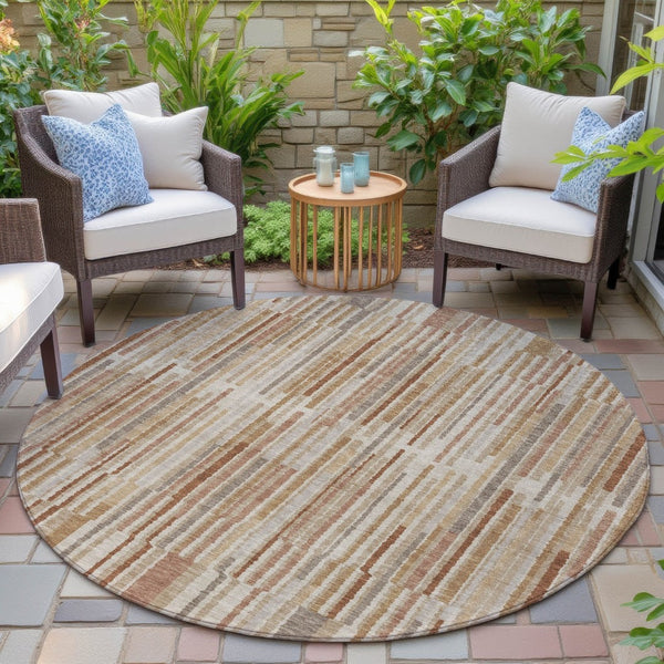 HomeRoots 5' Versatile Terra Cotta and Beige Striped Washable Area Rug for Indoor and Outdoor Spaces 8' Round 631577
