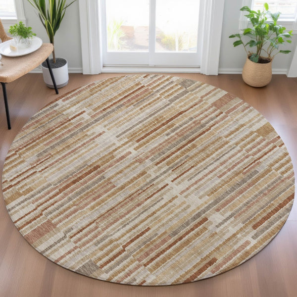 HomeRoots 5' Versatile Terra Cotta and Beige Striped Washable Area Rug for Indoor and Outdoor Spaces 8' Round 631577