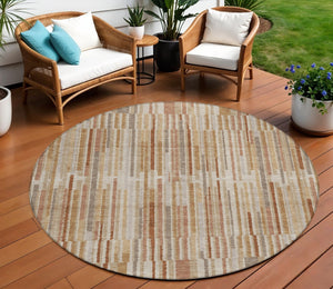 HomeRoots 5' Versatile Terra Cotta and Beige Striped Washable Area Rug for Indoor and Outdoor Spaces 8' Round 631577