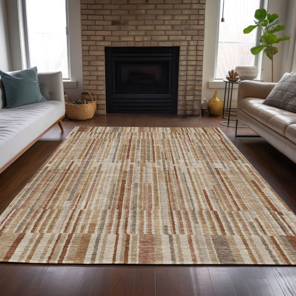 HomeRoots 5' Versatile Terra Cotta and Beige Striped Washable Area Rug for Indoor and Outdoor Spaces 8' X 10' 631578
