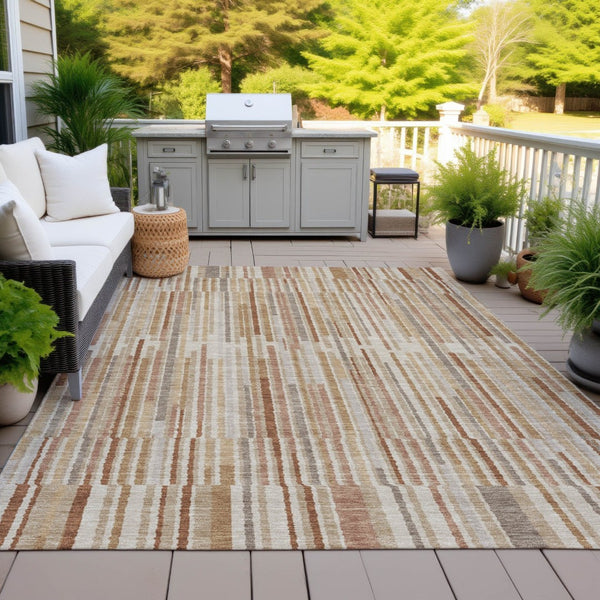 HomeRoots 5' Versatile Terra Cotta and Beige Striped Washable Area Rug for Indoor and Outdoor Spaces 9' X 12' 631579
