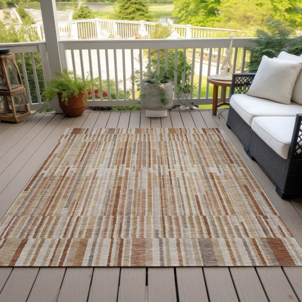 HomeRoots 5' Versatile Terra Cotta and Beige Striped Washable Area Rug for Indoor and Outdoor Spaces 10' X 14' 631580