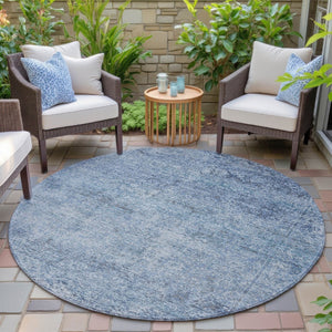 HomeRoots 5' Blue and Ivory Abstract Area Rug – Stylish, Washable, Durable, Perfect for Indoor and Outdoor Spaces 8' Round 631589