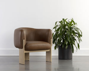 Sunpan Trine Lounge Chair - Luxurious Comfort with Unique Shape and Handcrafted Wood Base for Any Home Style Rustic Oak / Vintage Camel Leather