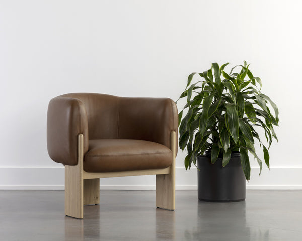 Sunpan Trine Lounge Chair - Luxurious Comfort with Unique Shape and Handcrafted Wood Base for Any Home Style Rustic Oak / Vintage Camel Leather