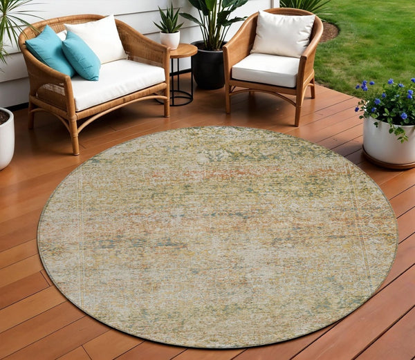 HomeRoots 5' Gold and Beige Abstract Area Rug – Durable, Washable, Stylish for Indoor and Outdoor Spaces 8' Round 631601