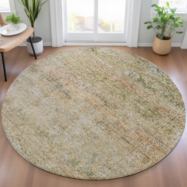 HomeRoots 5' Gold and Beige Abstract Area Rug – Durable, Washable, Stylish for Indoor and Outdoor Spaces 8' Round 631601