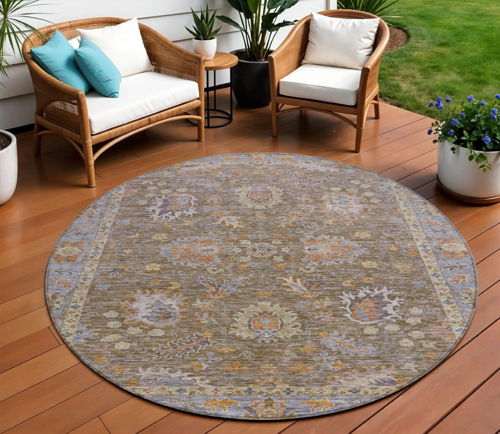 HomeRoots 5' Brown and Lavender Floral Area Rug - Durable, Washable Design for Indoor and Outdoor Spaces 8' Round 631613