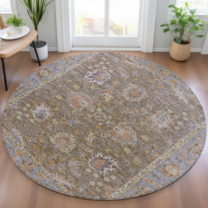 HomeRoots 5' Brown and Lavender Floral Area Rug - Durable, Washable Design for Indoor and Outdoor Spaces 8' Round 631613
