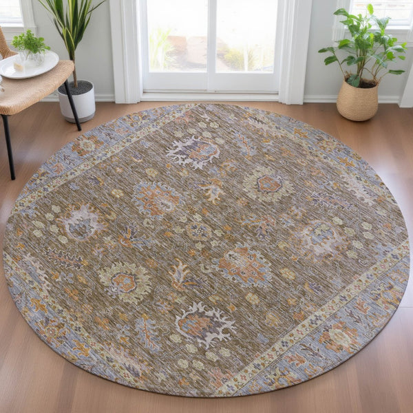 HomeRoots 5' Brown and Lavender Floral Area Rug - Durable, Washable Design for Indoor and Outdoor Spaces 8' Round 631613