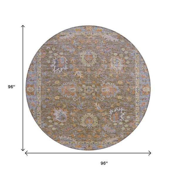 HomeRoots 5' Brown and Lavender Floral Area Rug - Durable, Washable Design for Indoor and Outdoor Spaces 8' Round 631613