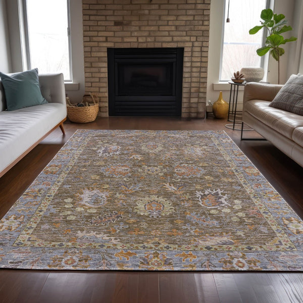 HomeRoots 5' Brown and Lavender Floral Area Rug - Durable, Washable Design for Indoor and Outdoor Spaces 9' X 12' 631615