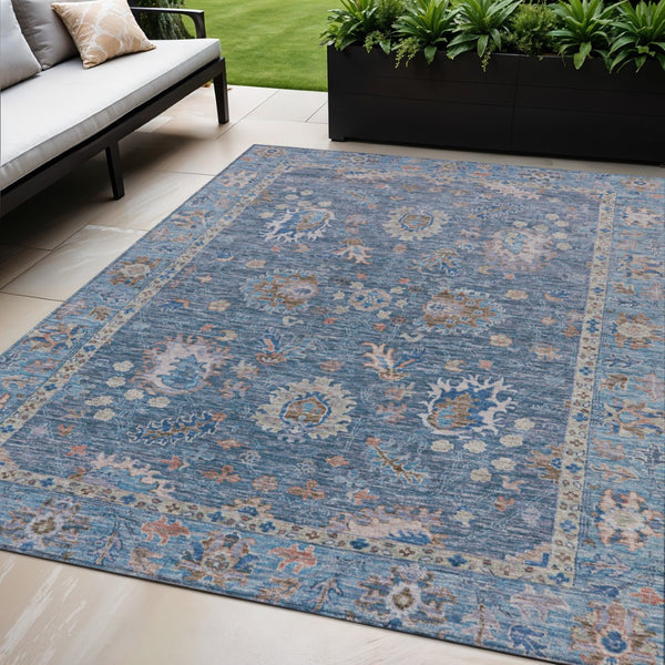 HomeRoots 5' Blue and Beige Floral Washable Area Rug – Stylish Indoor/Outdoor Décor for High-Traffic Spaces 5' X 8' 631618