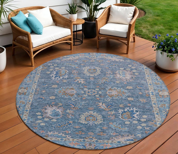 HomeRoots 5' Blue and Beige Floral Washable Area Rug – Stylish Indoor/Outdoor Décor for High-Traffic Spaces 8' Round 631619