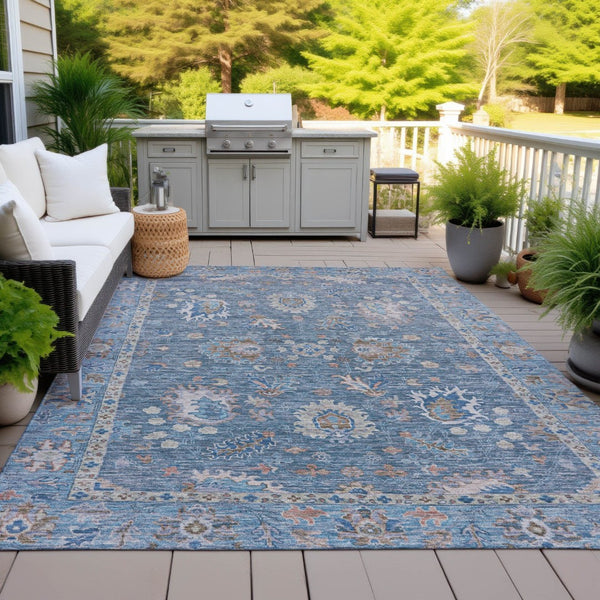 HomeRoots 5' Blue and Beige Floral Washable Area Rug – Stylish Indoor/Outdoor Décor for High-Traffic Spaces 9' X 12' 631621