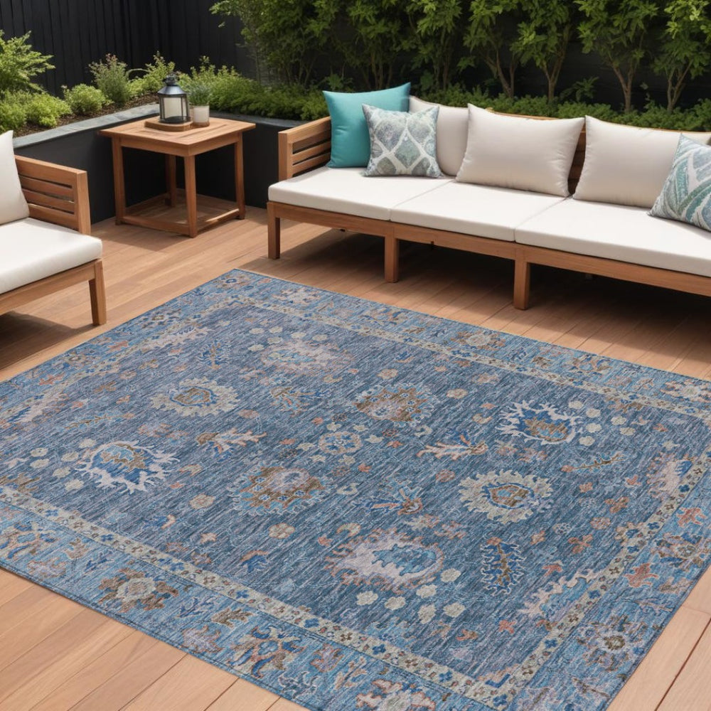 HomeRoots 5' Blue and Beige Floral Washable Area Rug – Stylish Indoor/Outdoor Décor for High-Traffic Spaces 10' X 14' 631622
