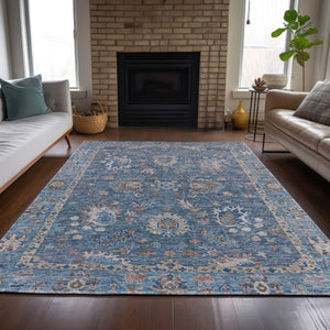 HomeRoots 5' Blue and Beige Floral Washable Area Rug – Stylish Indoor/Outdoor Décor for High-Traffic Spaces 10' X 14' 631622