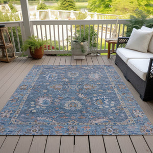 HomeRoots 5' Blue and Beige Floral Washable Area Rug – Stylish Indoor/Outdoor Décor for High-Traffic Spaces 10' X 14' 631622