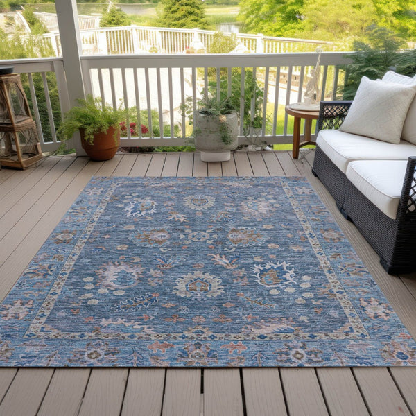 HomeRoots 5' Blue and Beige Floral Washable Area Rug – Stylish Indoor/Outdoor Décor for High-Traffic Spaces 10' X 14' 631622