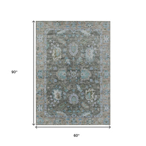 HomeRoots 5' Timeless Floral Area Rug in Fern Green & Denim Blue - Washable & Durable for Indoor/Outdoor Use 5' X 8' 631624