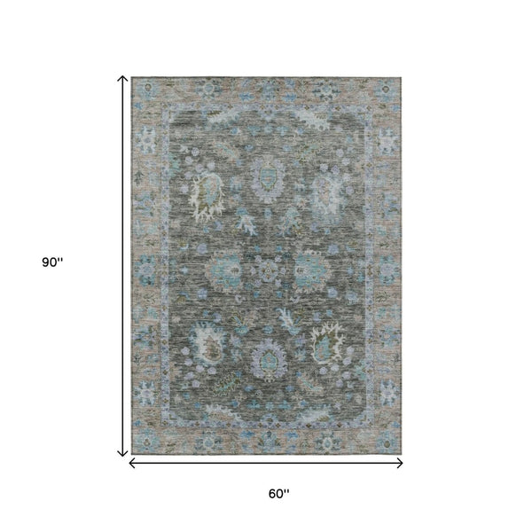 HomeRoots 5' Timeless Floral Area Rug in Fern Green & Denim Blue - Washable & Durable for Indoor/Outdoor Use 5' X 8' 631624