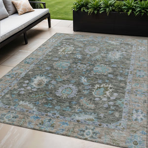 HomeRoots 5' Timeless Floral Area Rug in Fern Green & Denim Blue - Washable & Durable for Indoor/Outdoor Use 5' X 8' 631624
