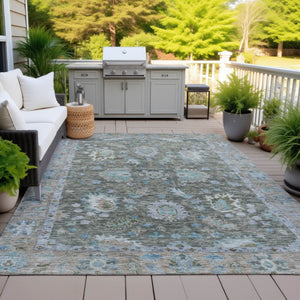 HomeRoots 5' Timeless Floral Area Rug in Fern Green & Denim Blue - Washable & Durable for Indoor/Outdoor Use 5' X 8' 631624