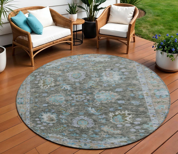 HomeRoots 5' Timeless Floral Area Rug in Fern Green & Denim Blue - Washable & Durable for Indoor/Outdoor Use 8' Round 631625