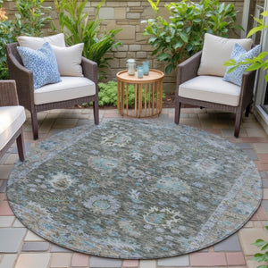 HomeRoots 5' Timeless Floral Area Rug in Fern Green & Denim Blue - Washable & Durable for Indoor/Outdoor Use 8' Round 631625